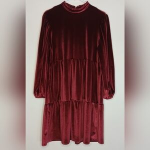 Ophelia Roe Ruby Red Tiered Velvet A-Line High Neck Peasant Dress